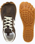 DANNTO Purus - Men's and Women's Wide Toe Box Barefoot Shoes in Brown Shown from Top and Outsole Views.