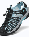 Dannto women's trailport H2 sandal black blue shown from a three quarter view