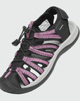 Dannto women's closed toe hiking sandals S2 black pink shown from a three quarter view