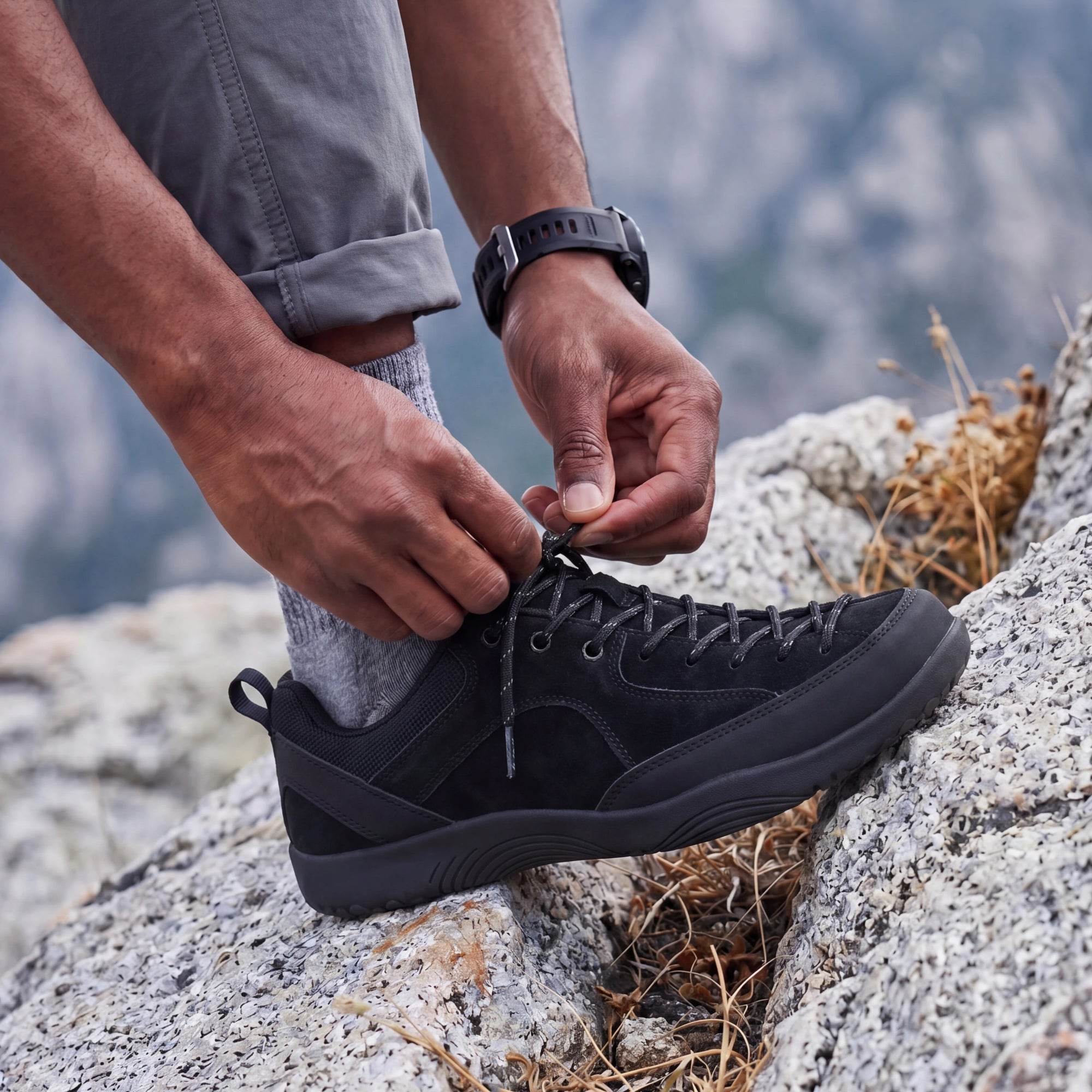 Close-up of DANNTO Veld I  Black barefoot shoes being tied on rocks outdoors
