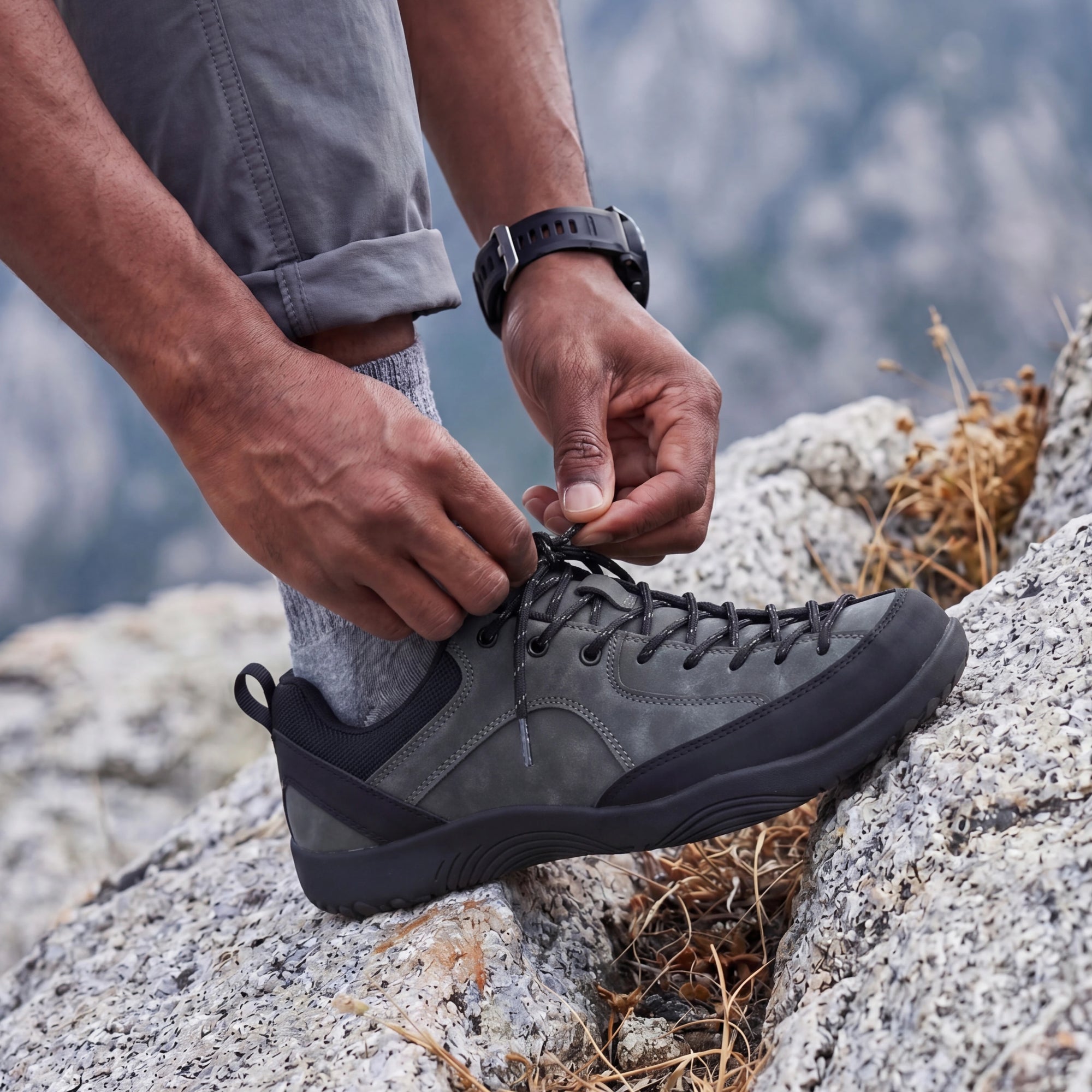 Close-up of DANNTO Veld I  Gray barefoot shoes being tied on a rocky surface outdoors