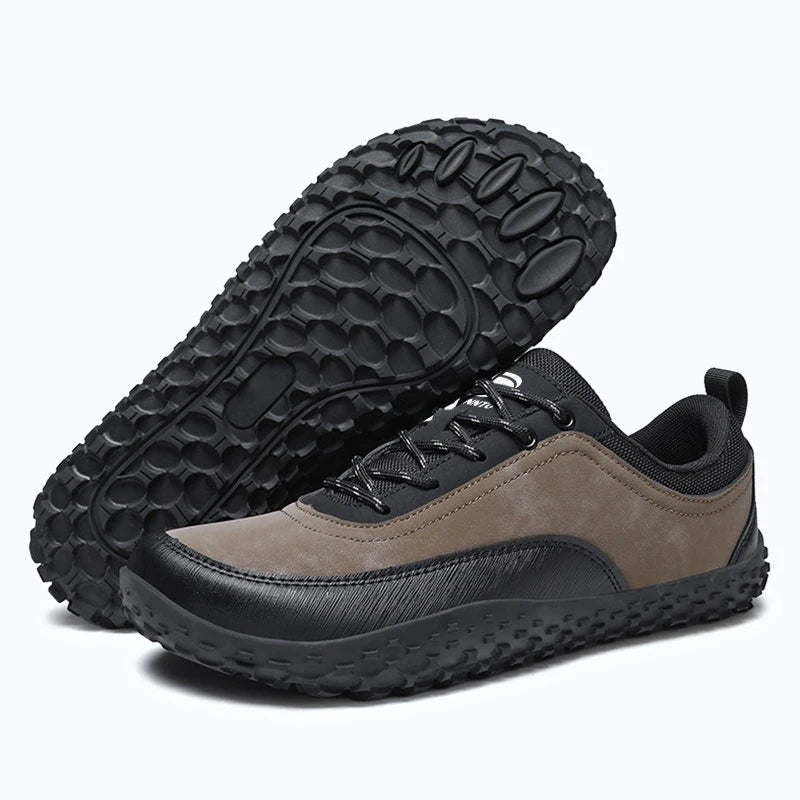 Aero N4 - khaki wide toe box barefoot for men women shown from a three quarter view