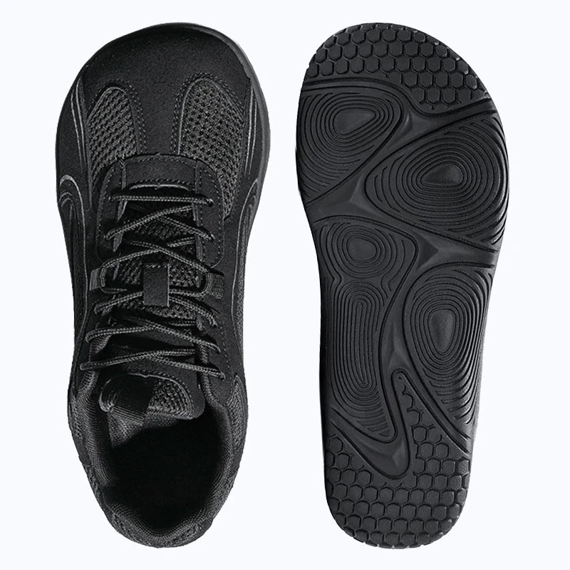 Dannto Aero N1 - 3E Wide Mesh Barefoot Shoes black shown from top and outsole views