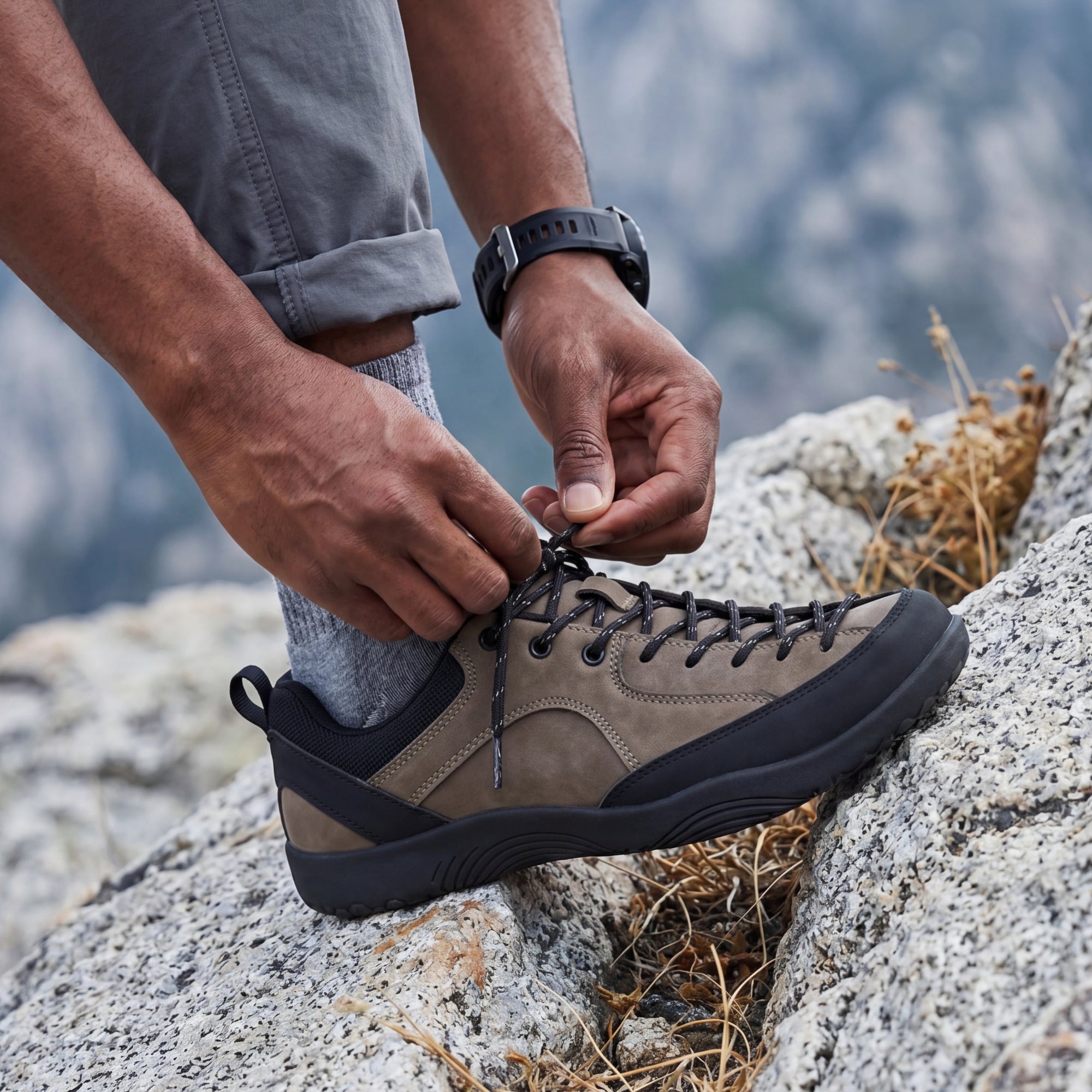 Close-up of DANNTO Veld I  khaki barefoot shoes hiking shoe being tied on a rocky surface