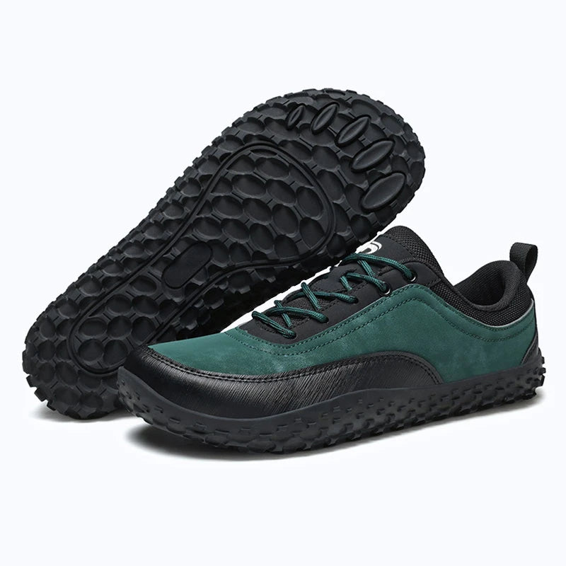 Dannto Aero N4 - 3E Wide Barefoot Shoes green pair shown from three-quarter and outsole views