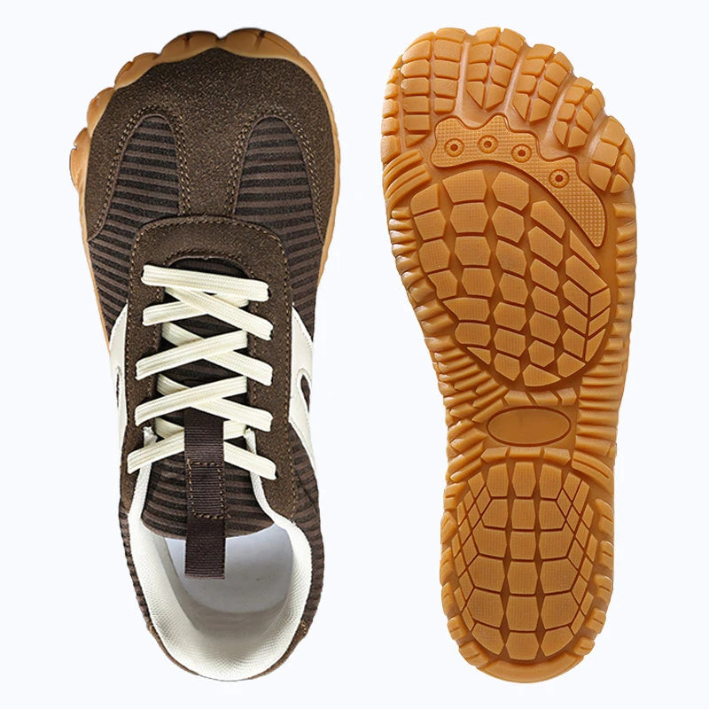 DANNTO Purus - Men's and Women's Wide Toe Box Barefoot Shoes in Brown Shown from Top and Outsole Views.