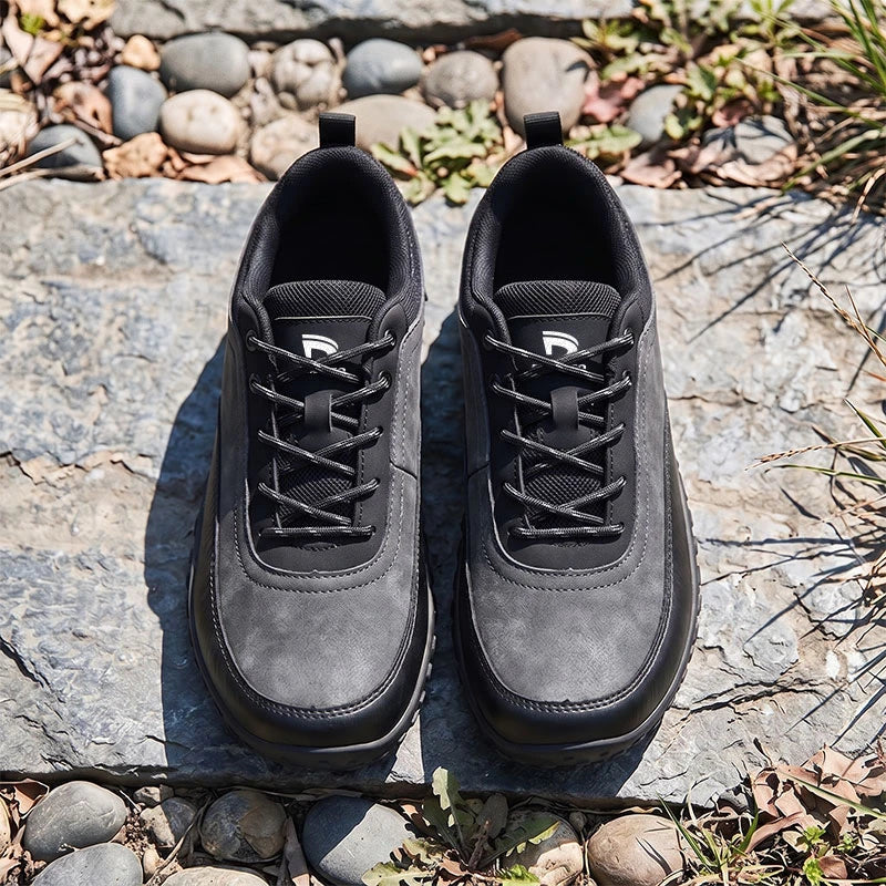 Dannto Aero N4 - 3E Wide Barefoot Shoes gray pair shown from above on rocks
