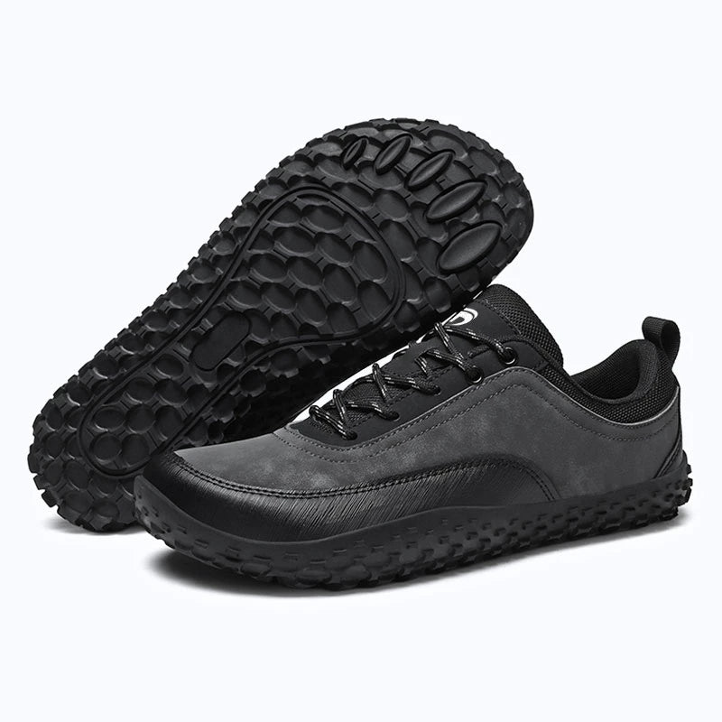 Dannto Aero N4 - 3E Wide Barefoot Shoes gray pair shown from three-quarter and outsole views