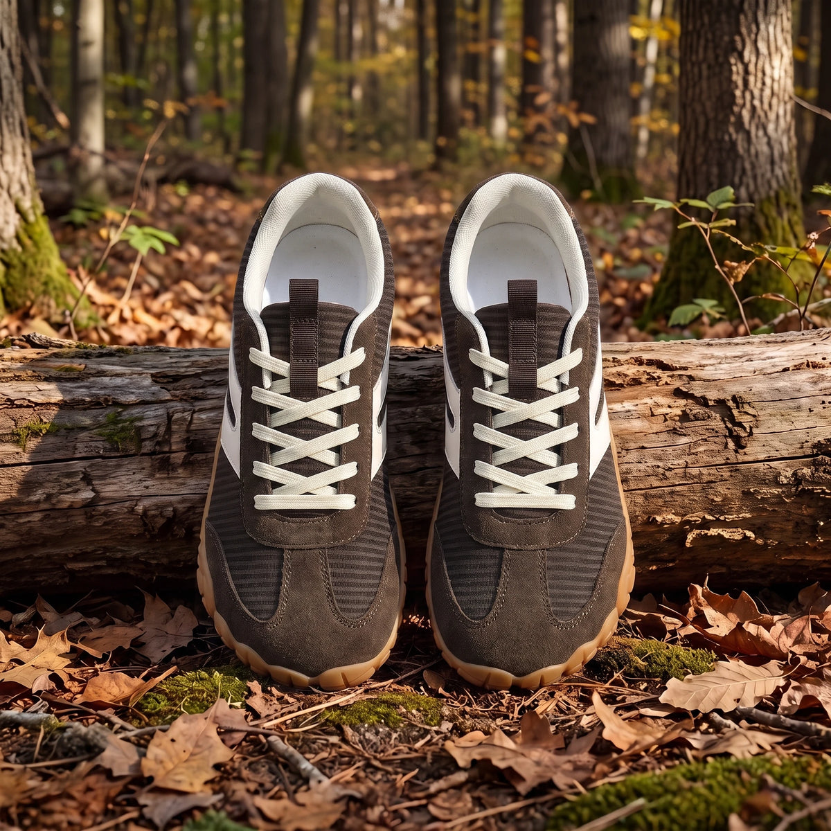 DANNTO Purus Men's and Women's Wide Toe Box Barefoot Shoes in Brown Shown Side by Side on a Forest Floor in Front of a Fallen Log.
