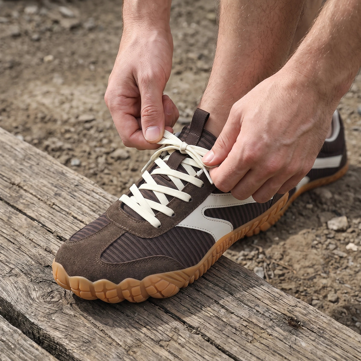 DANNTO Purus Men's and Women's Wide Toe Box Barefoot Shoes in Brown Shown Being Tied While Sitting Outdoors.