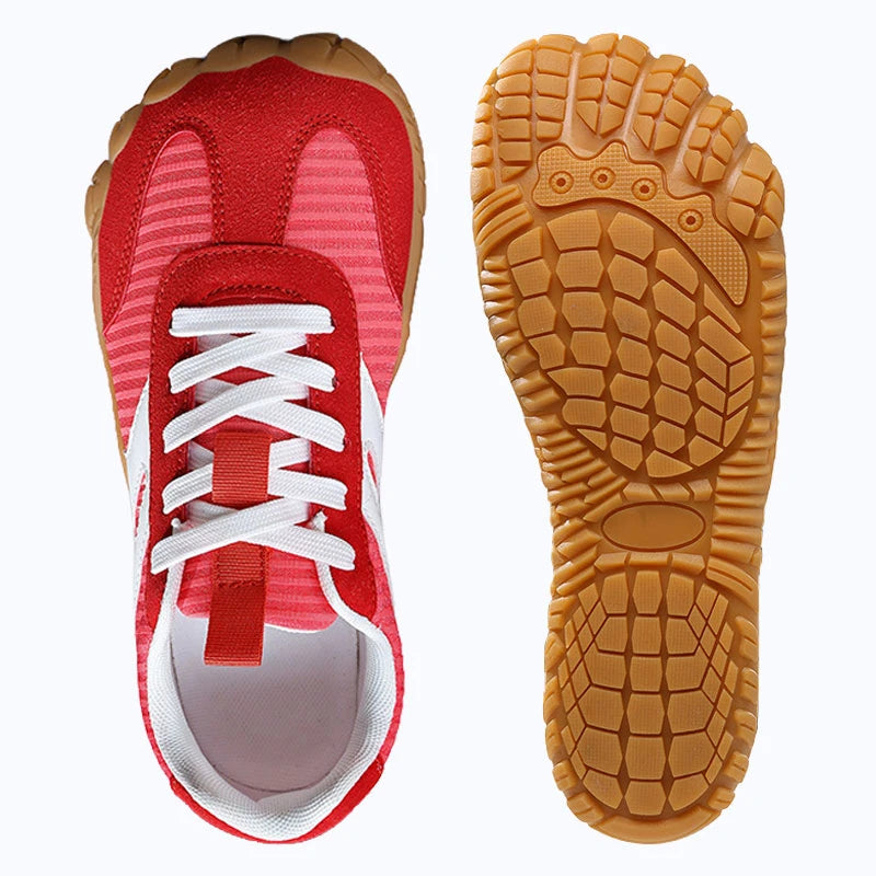 Dannto Purus - Men's and Women's Wide Toe Box Barefoot Shoes Red Shown From Top and Outsole Views