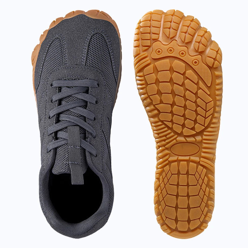 DANNTO Men's and Women's Wide Toe Box Barefoot Shoes in Gray Shown from Top and Outsole Views.