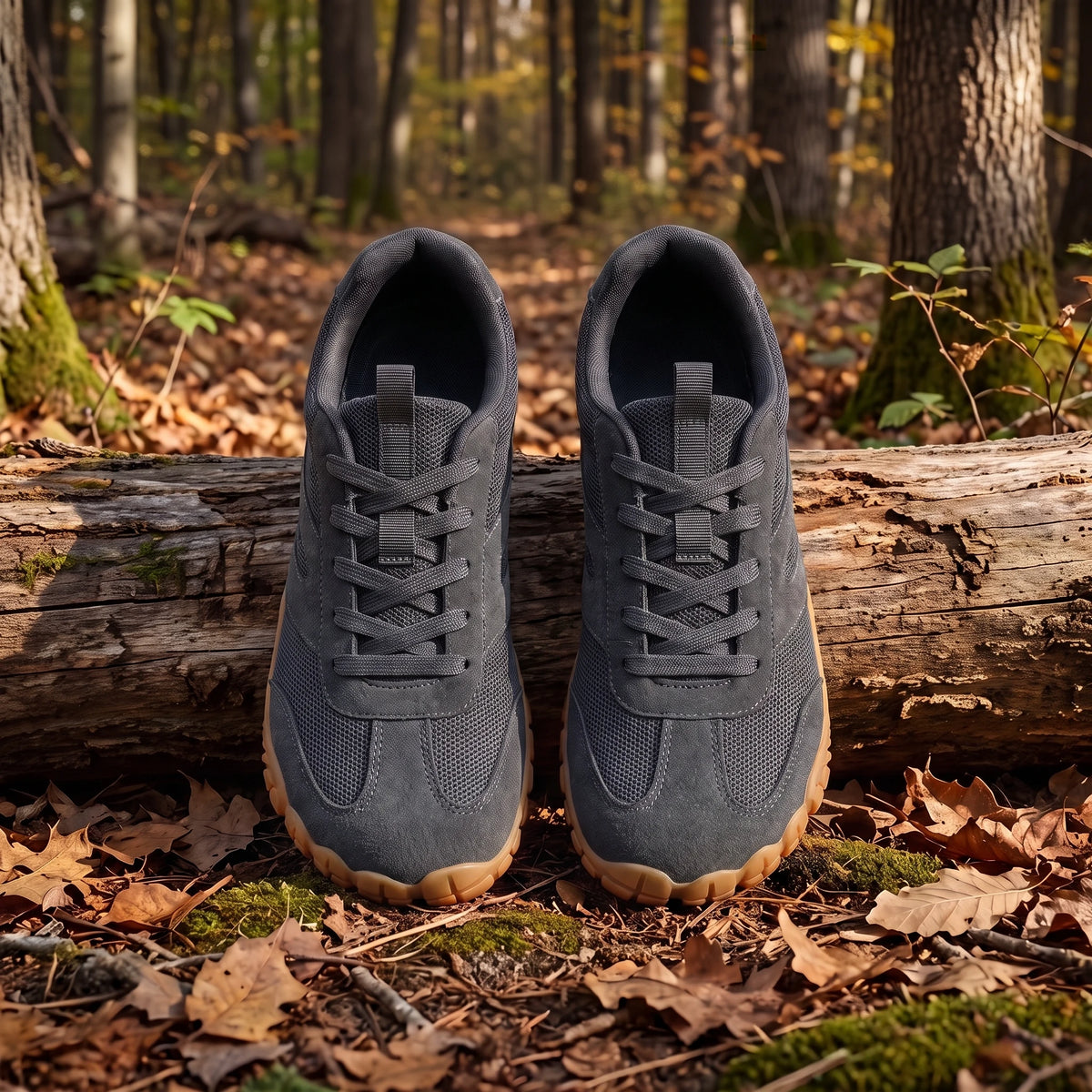 DANNTO Men's and Women's Wide Toe Box Barefoot Shoes in Gray Shown Side by Side on a Forest Floor in Front of a Fallen Log.