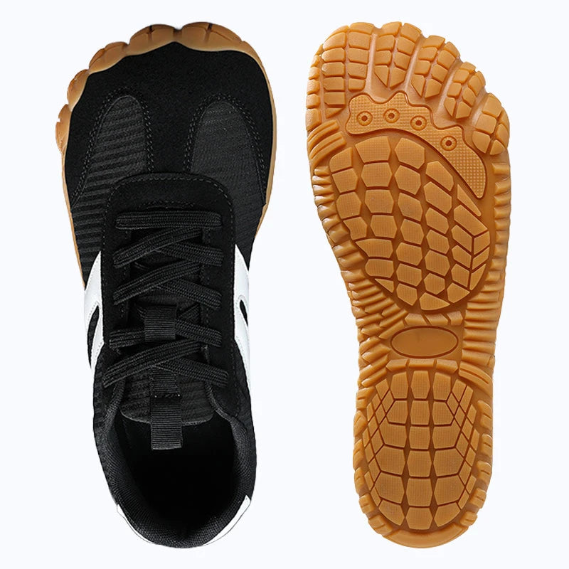 Dannto Purus - Men's and Women's Wide Toe Box Barefoot Shoes Black Shown From Top and Outsole Views