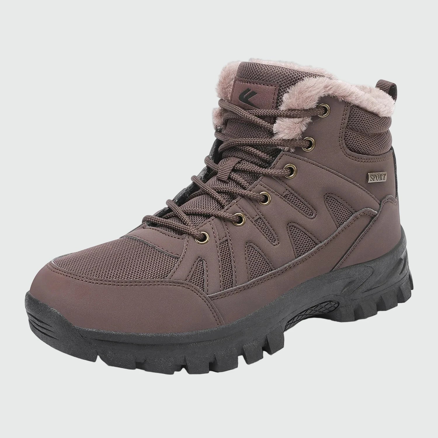 Dannto men‘s dark brown winter snow boots shown at a side angle