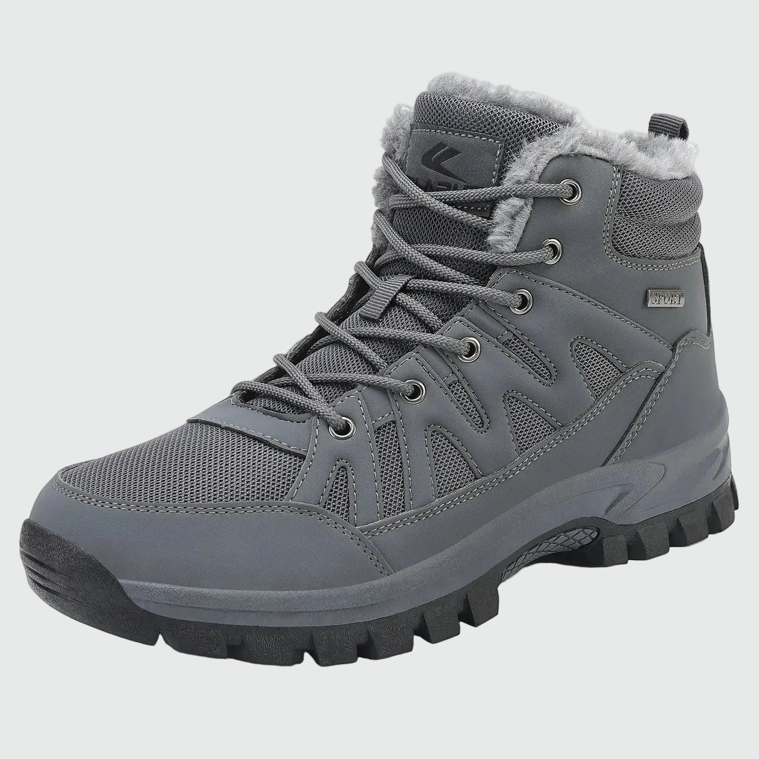 Dannto men‘s gray winter snow Boots shown at a side angle