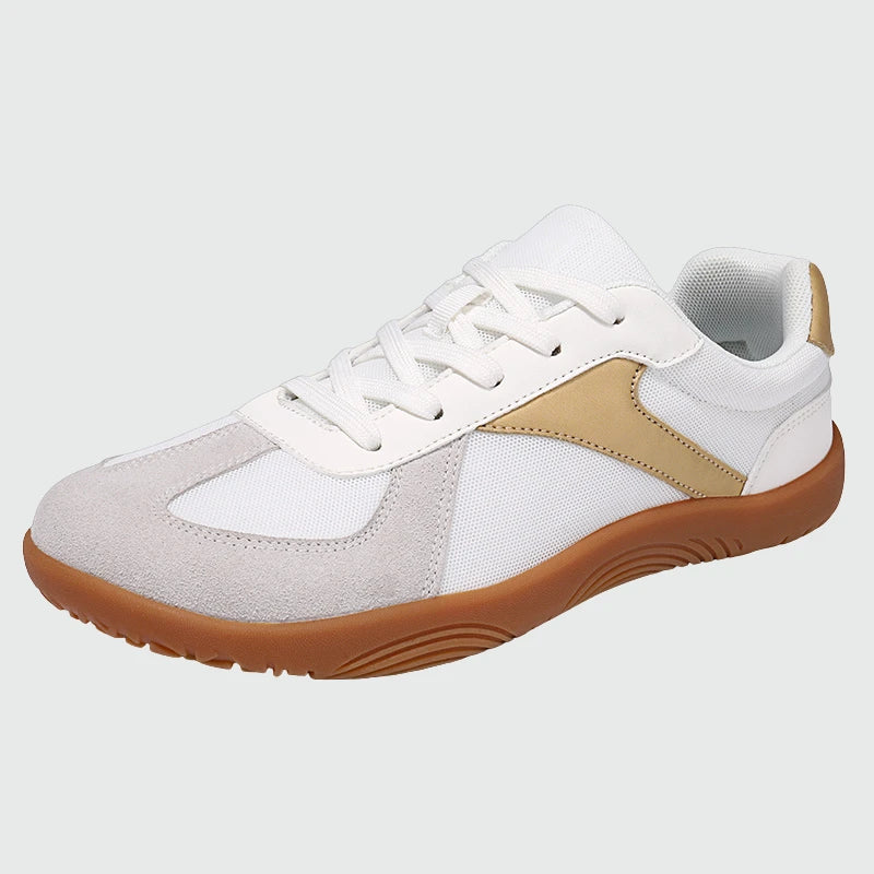 Wide Toe Box Barefoot Shoes White Gold shown from a three quarter view
