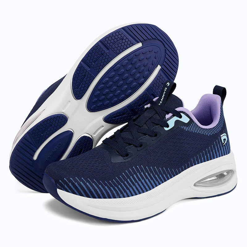 Dannto Pathport A7 - Women's Wide Toe Air Cushion Sneakers navy blue shown from side and outsole views