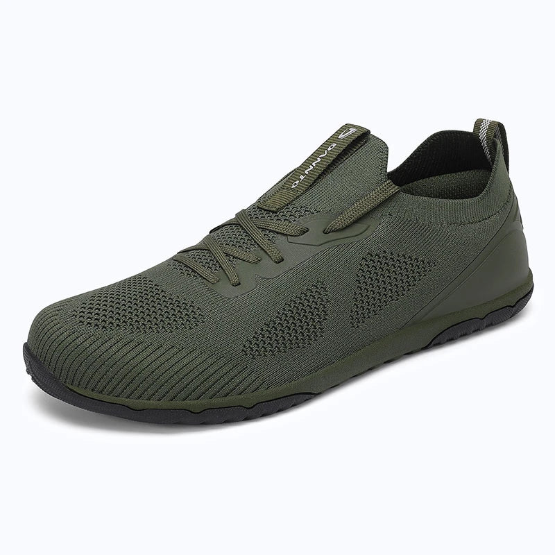Dannto green zero drop barefoot sneakers shown from a three quarter view