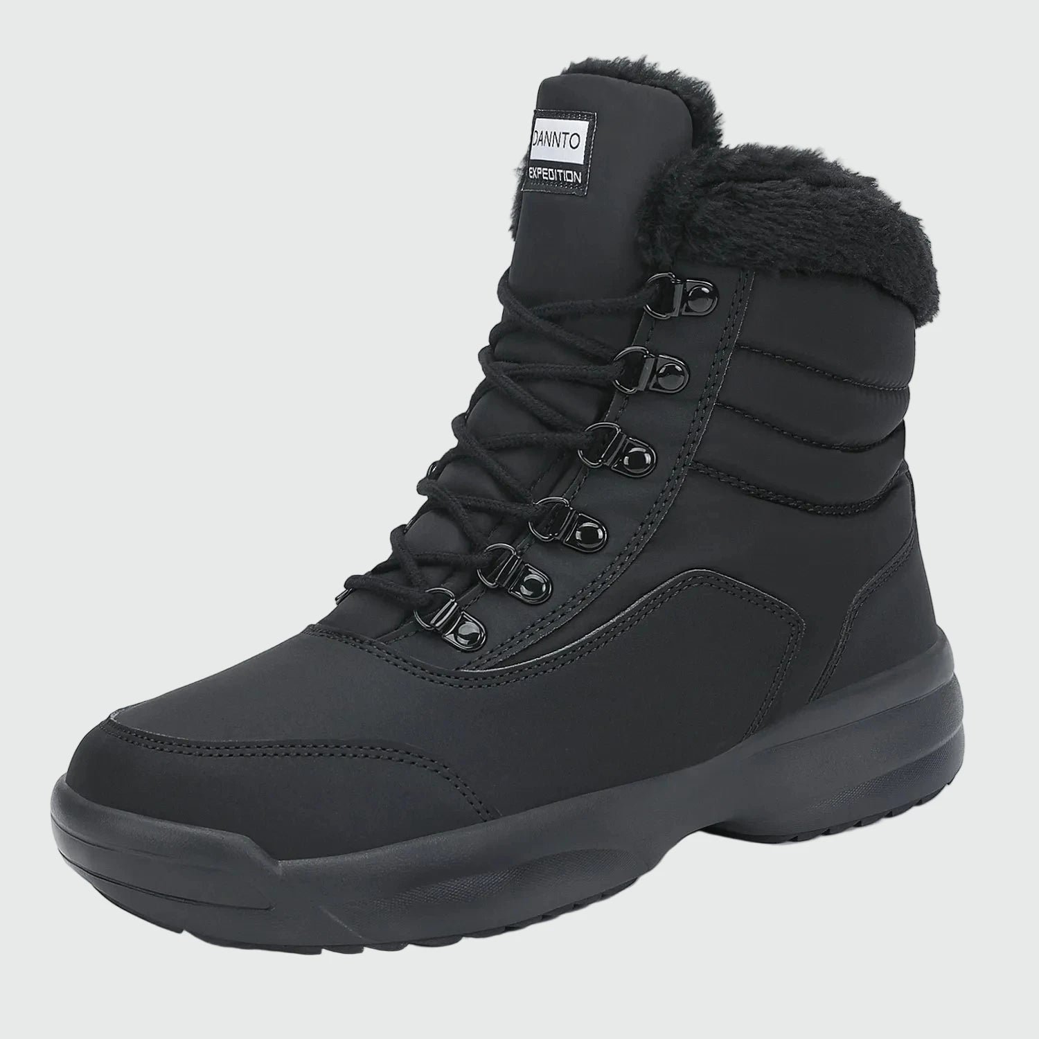 Dannto women‘s black winter snow Boots shown at a side angle