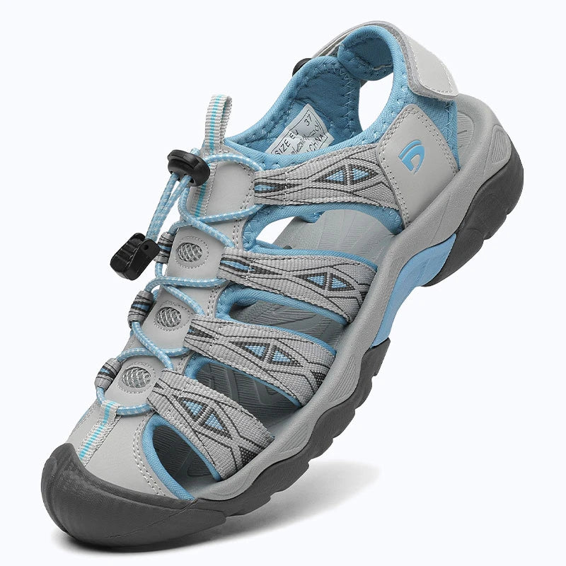 Dannto women's trailport H2 sandal beige shown from a three quarter view