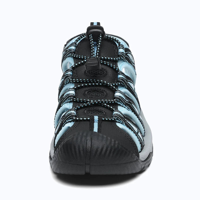 Dannto women's trailport H2 sandal black blue shown from the front