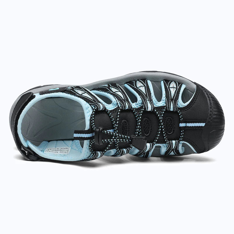 Dannto women's trailport H2 sandal black blue shown from the top