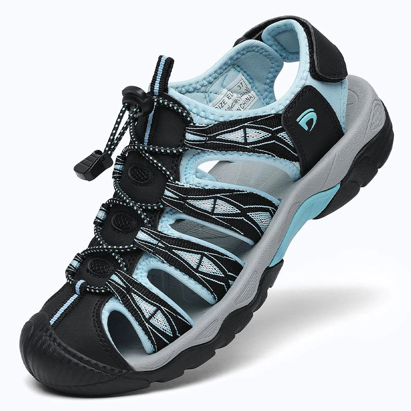 Dannto women's trailport H2 sandal black blue shown from a three quarter view