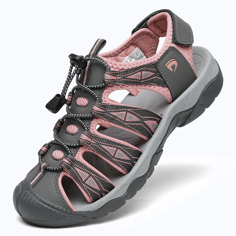Dannto women's trailport H2 sandal gray pink shown from a three quarter view