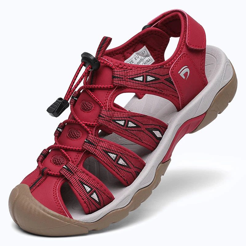 Dannto women's trailport H2 sandal red shown from a three quarter view