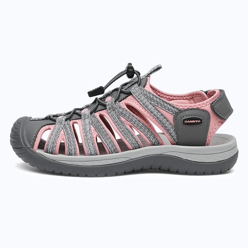 Dannto women's closed toe hiking sandals S2 gray pink shown from the side