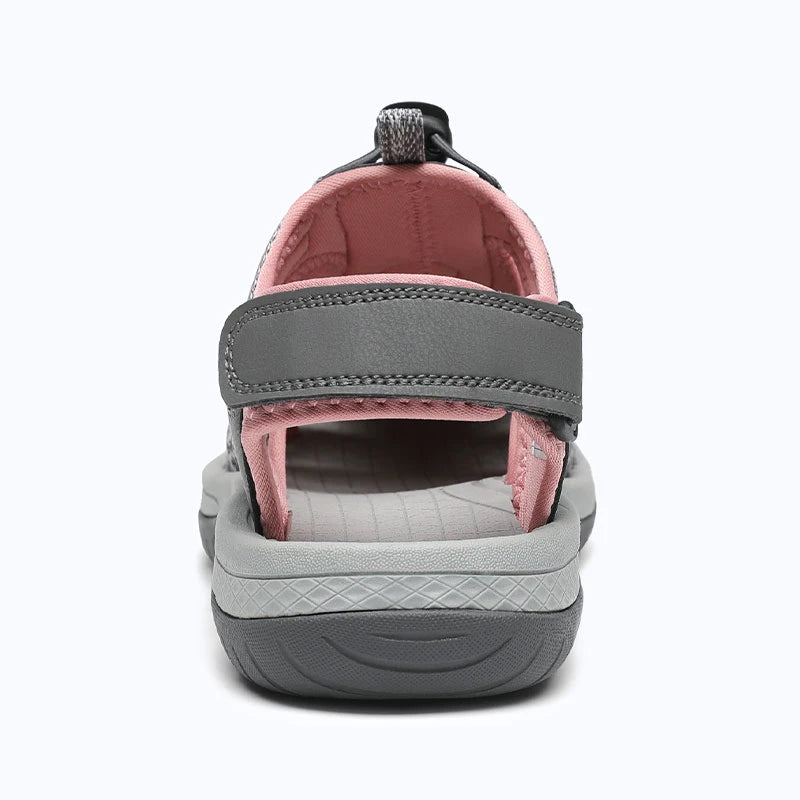 Dannto women's closed toe hiking sandals S2 gray pink shown from the back
