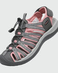 Dannto women's closed toe hiking sandals S2 gray pink shown from a three quarter view