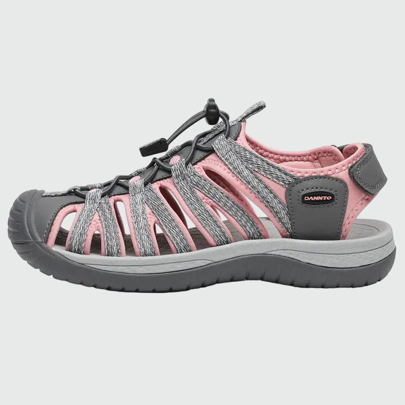 Dannto women's closed toe hiking sandals S2 gray pink shown from the side