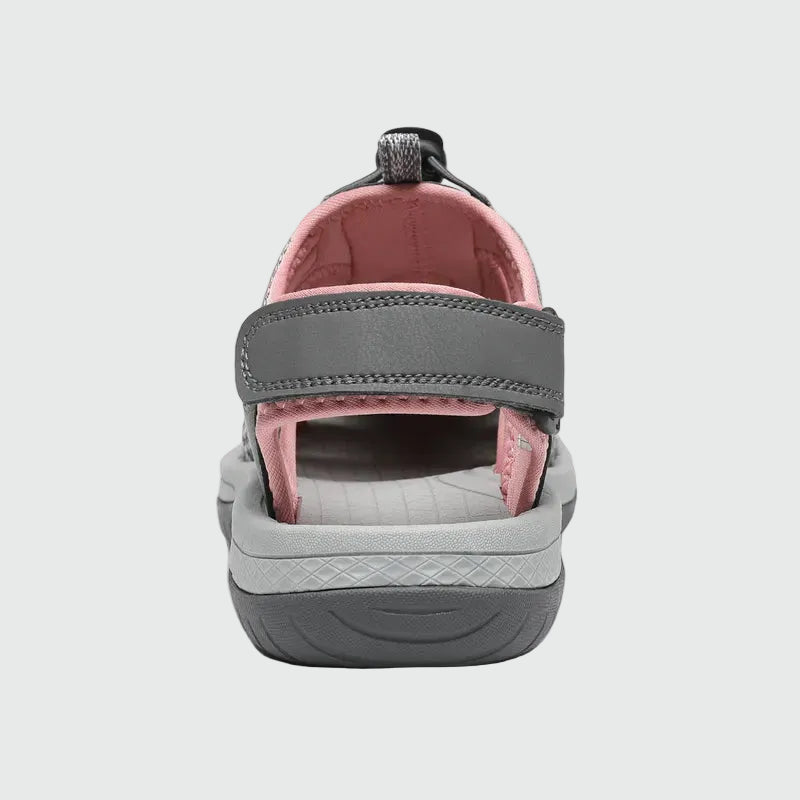 Dannto women's closed toe hiking sandals S2 gray pink shown from the back