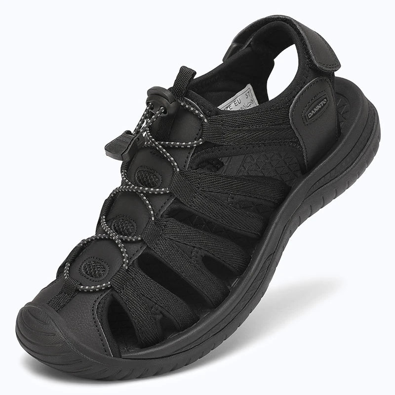 Dannto women's closed toe hiking sandals S2 black shown from a three quarter view
