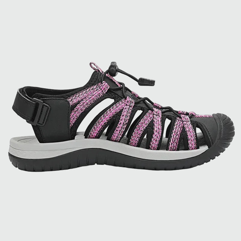 Dannto women's closed toe hiking sandals S2 black pink shown from the side