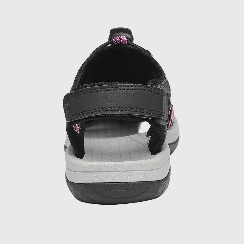 Dannto women's closed toe hiking sandals S2 black pink shown from the back