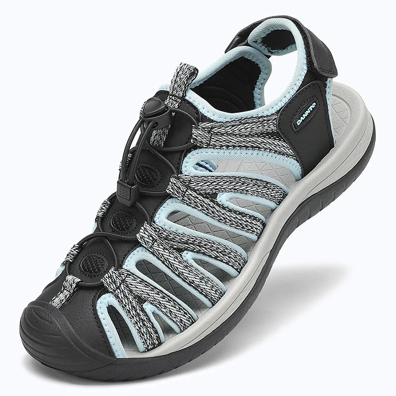 Dannto women's closed toe hiking sandals S2 black blue shown from a three quarter view