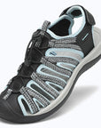 Dannto women's closed toe hiking sandals S2 black blue shown from a three quarter view