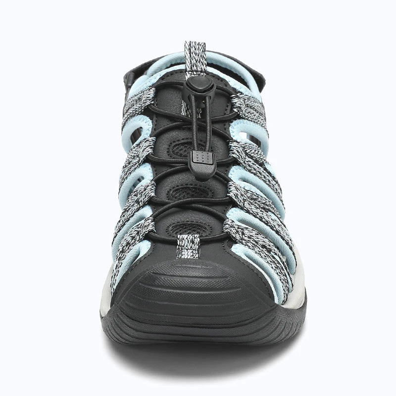 Dannto women's closed toe hiking sandals S2 black blue shown from the front