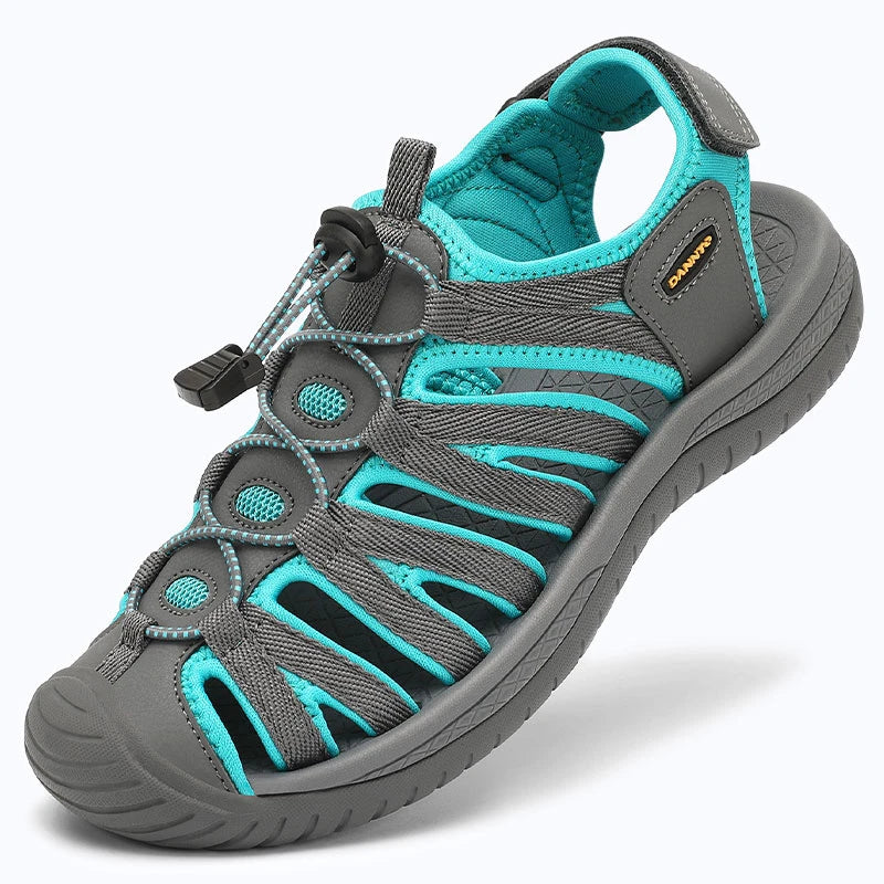 Dannto women's closed toe hiking sandals S2 gray green shown from a three quarter view