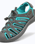 Dannto women's closed toe hiking sandals S2 gray green shown from a three quarter view