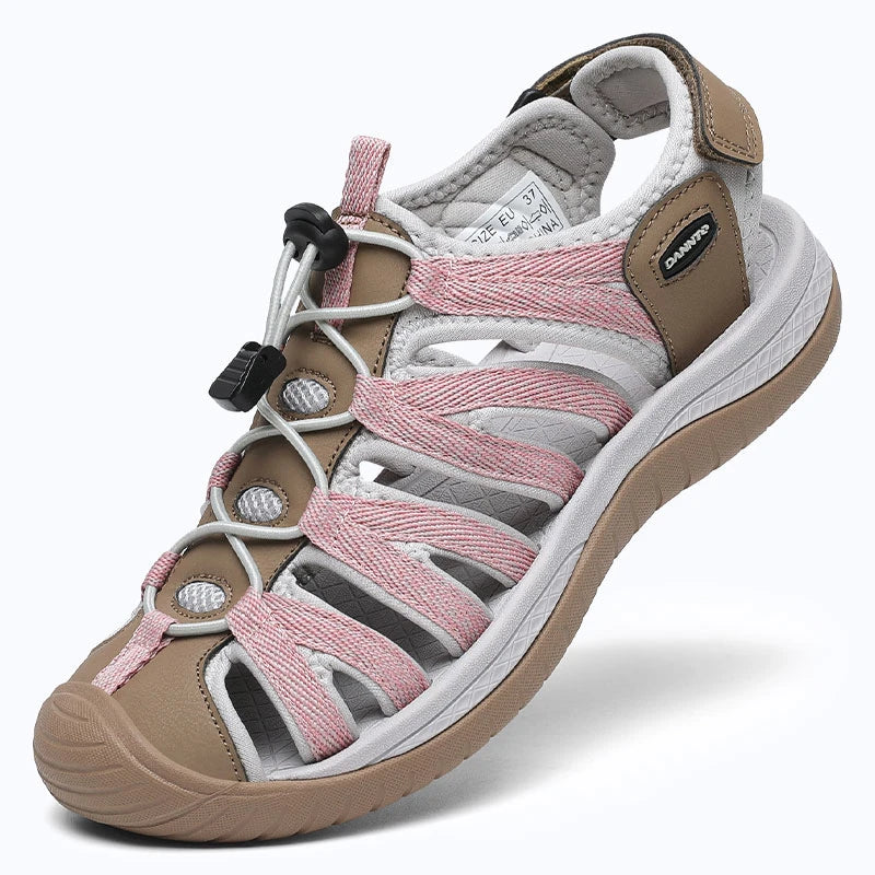 Dannto women's closed toe hiking sandals S2 khaki shown from a three quarter view