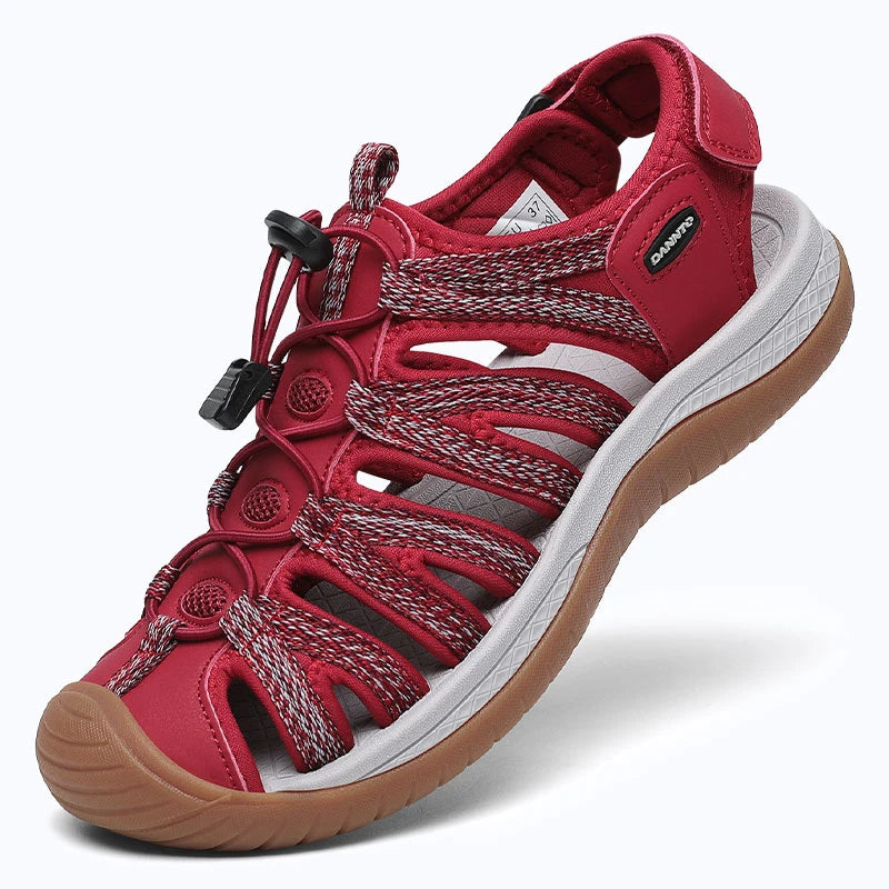 Dannto women's closed toe hiking sandals S2 red shown from a three quarter view