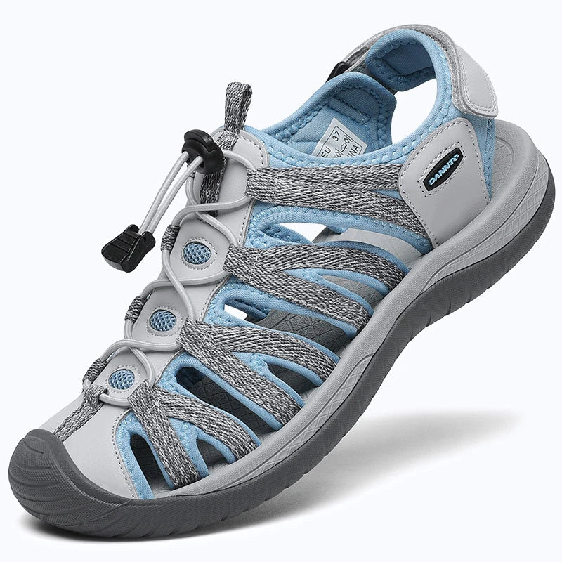 Dannto women's closed toe hiking sandals S2 white blue shown from a three quarter view