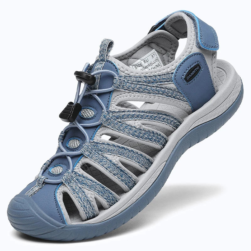 Dannto women's closed toe hiking sandals S2 blue shown from a three quarter view