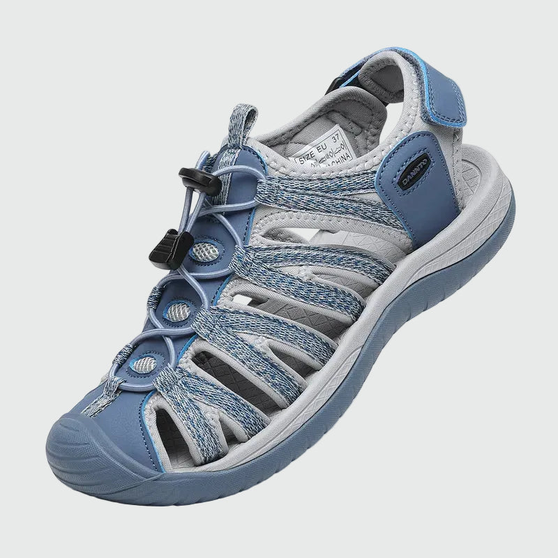 Dannto women's closed toe hiking sandals S2 blue shown from a three quarter view