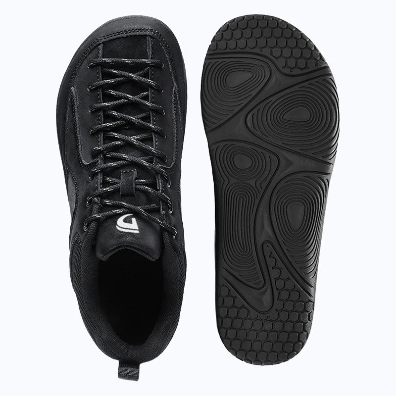 Dannto Veld I - Men's and Women's Wide Toe Box Barefoot Shoes black shown from top and outsole views