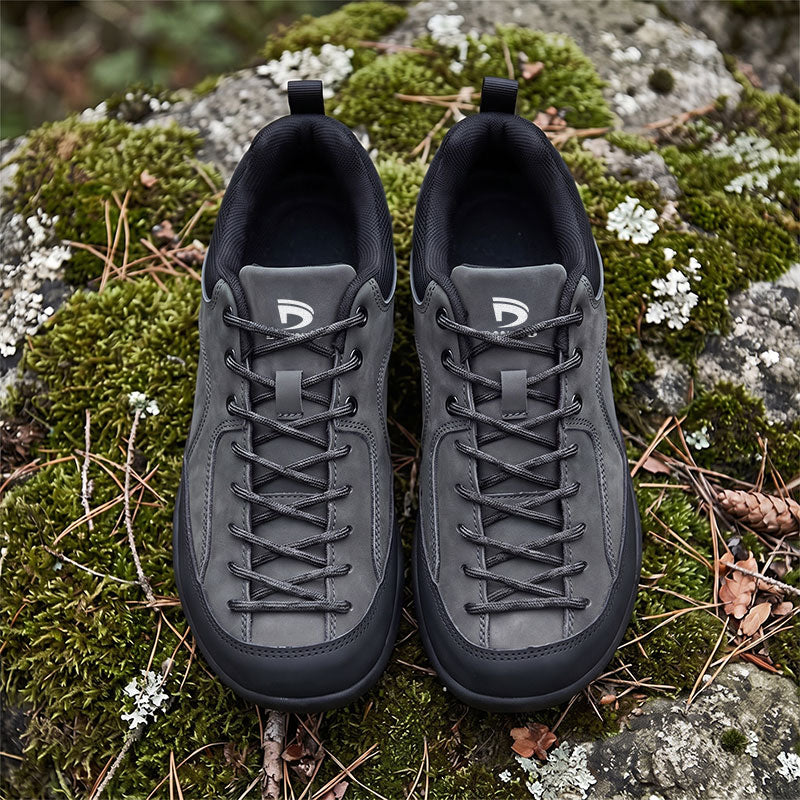 Dannto Veld I - Men's and Women's Wide Toe Box Barefoot Shoes khaki pair shown from above on moss-covered 